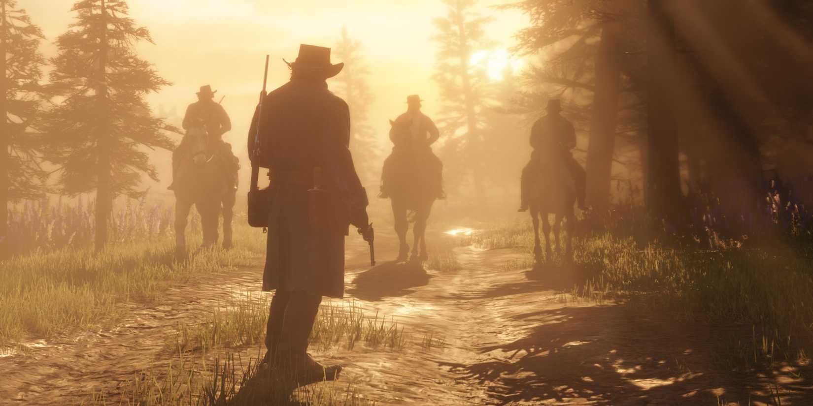Arthur Morgan Approaching A Horse-Bound Convoy In Red Dead Redemption 2