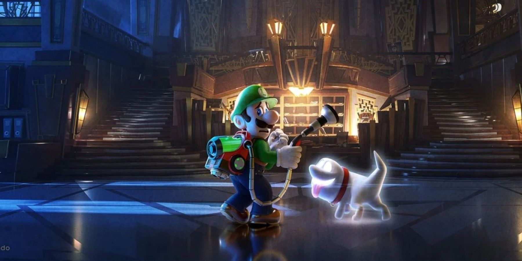 A Piece Of Key Art From Luigi's Mansion 3 Showing Luigi Looking Nervous In A Hotel Lobby