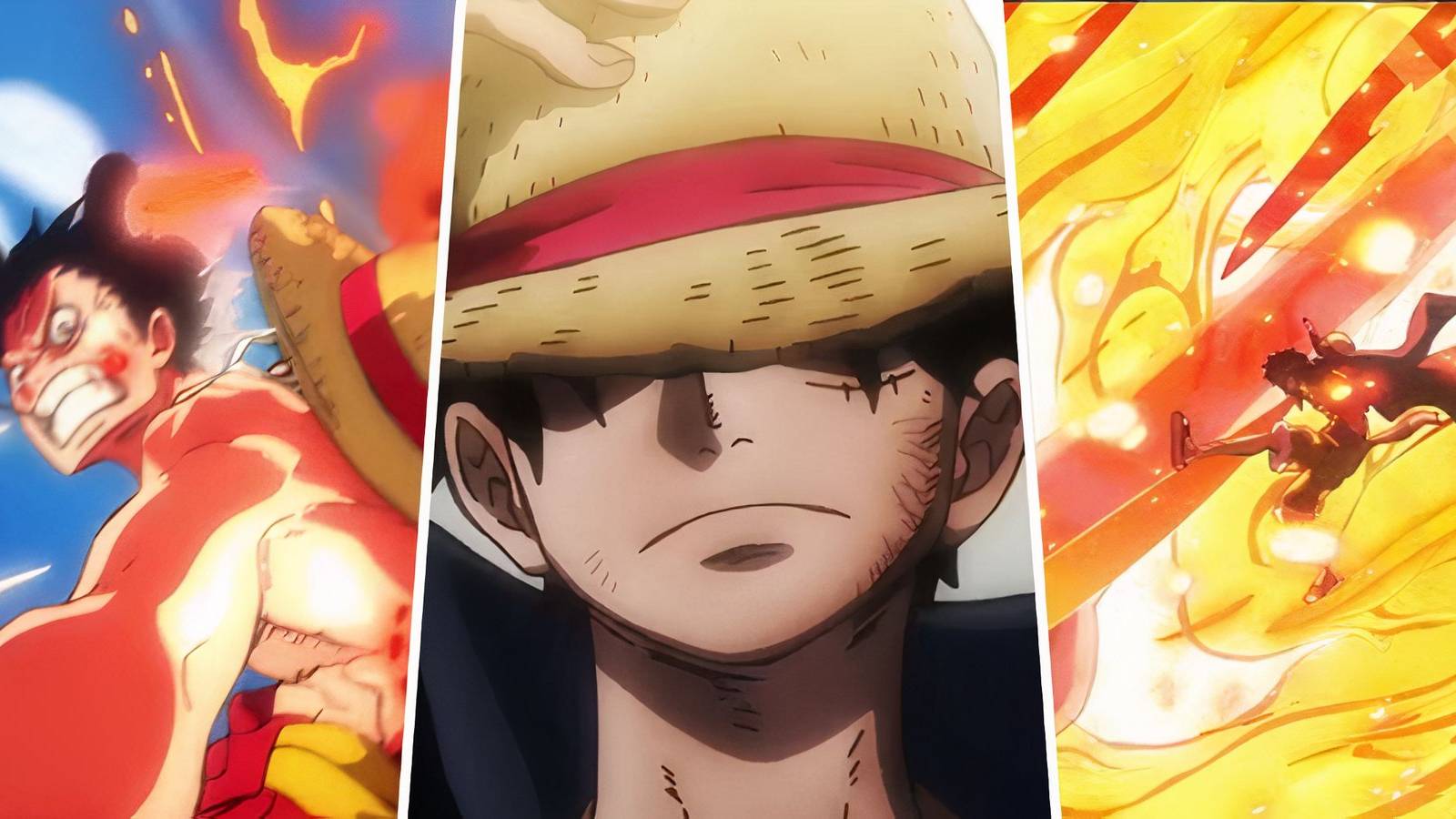 A split image Monkey D Luffy using Red Roc in One Piece