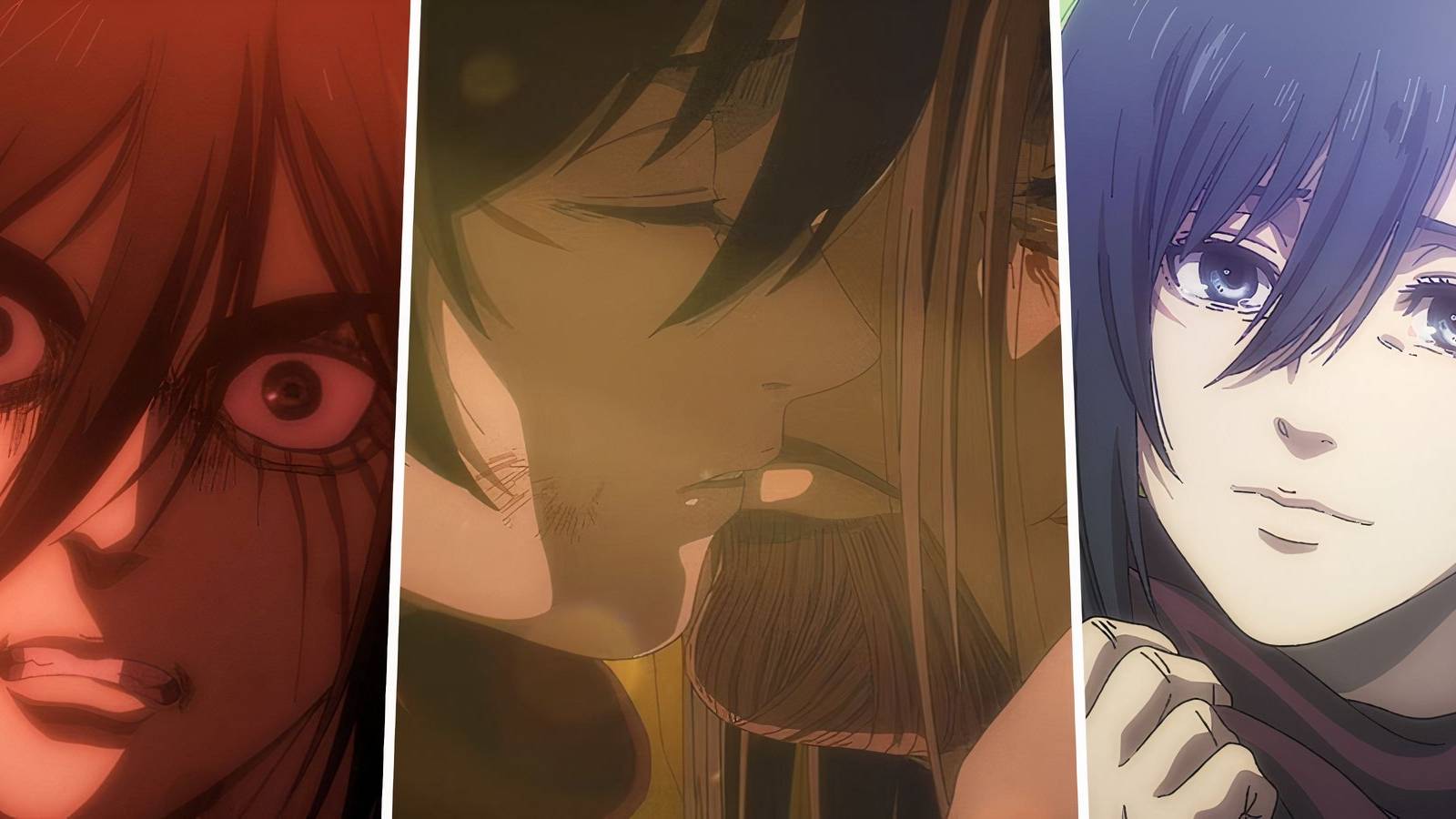 A split image of Eren, Mikasa and Them Kissing in Attack on Titan.