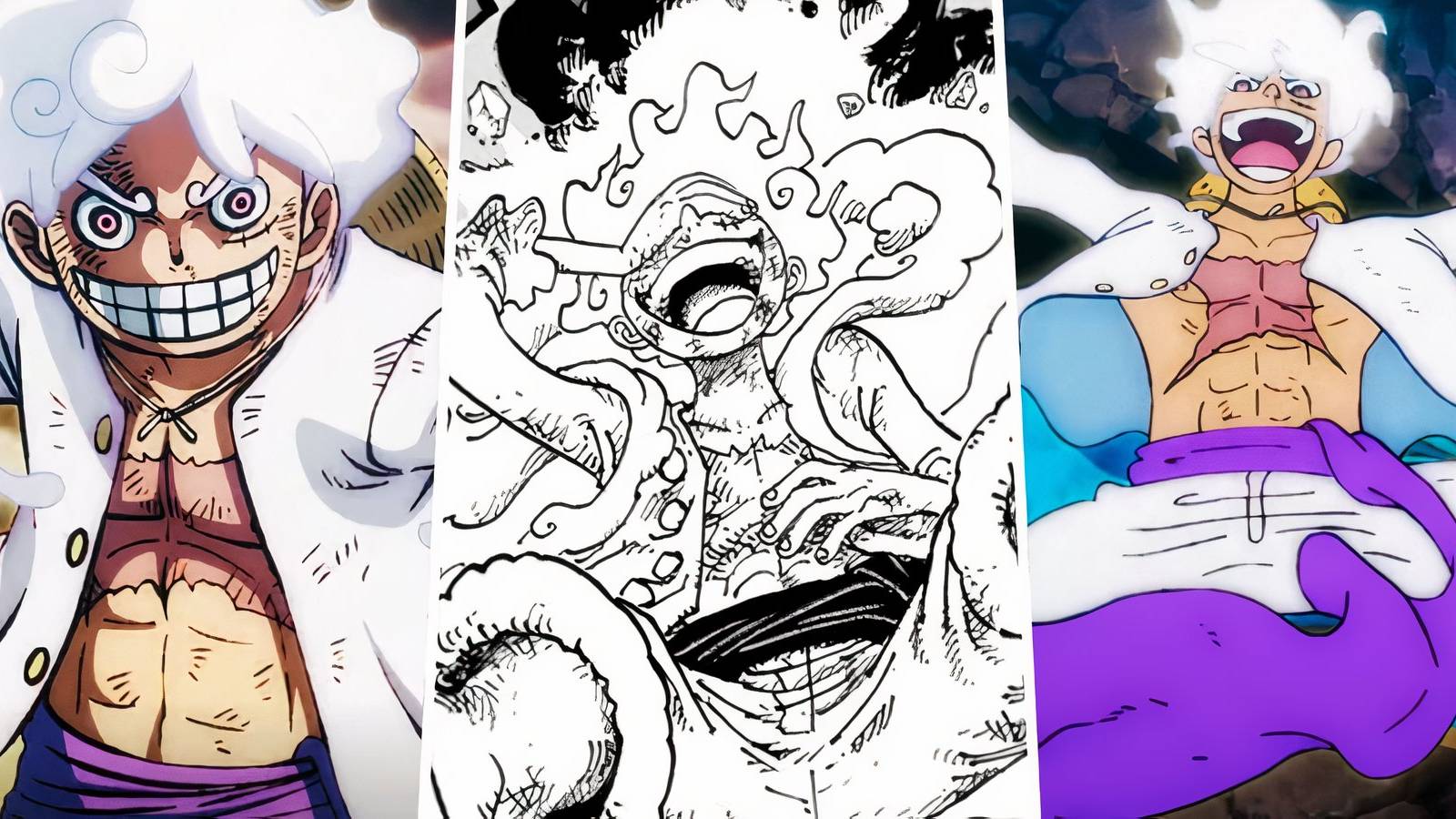 A split image of Luffy in Gear 5 from in both manga and anime of One Piece (1)