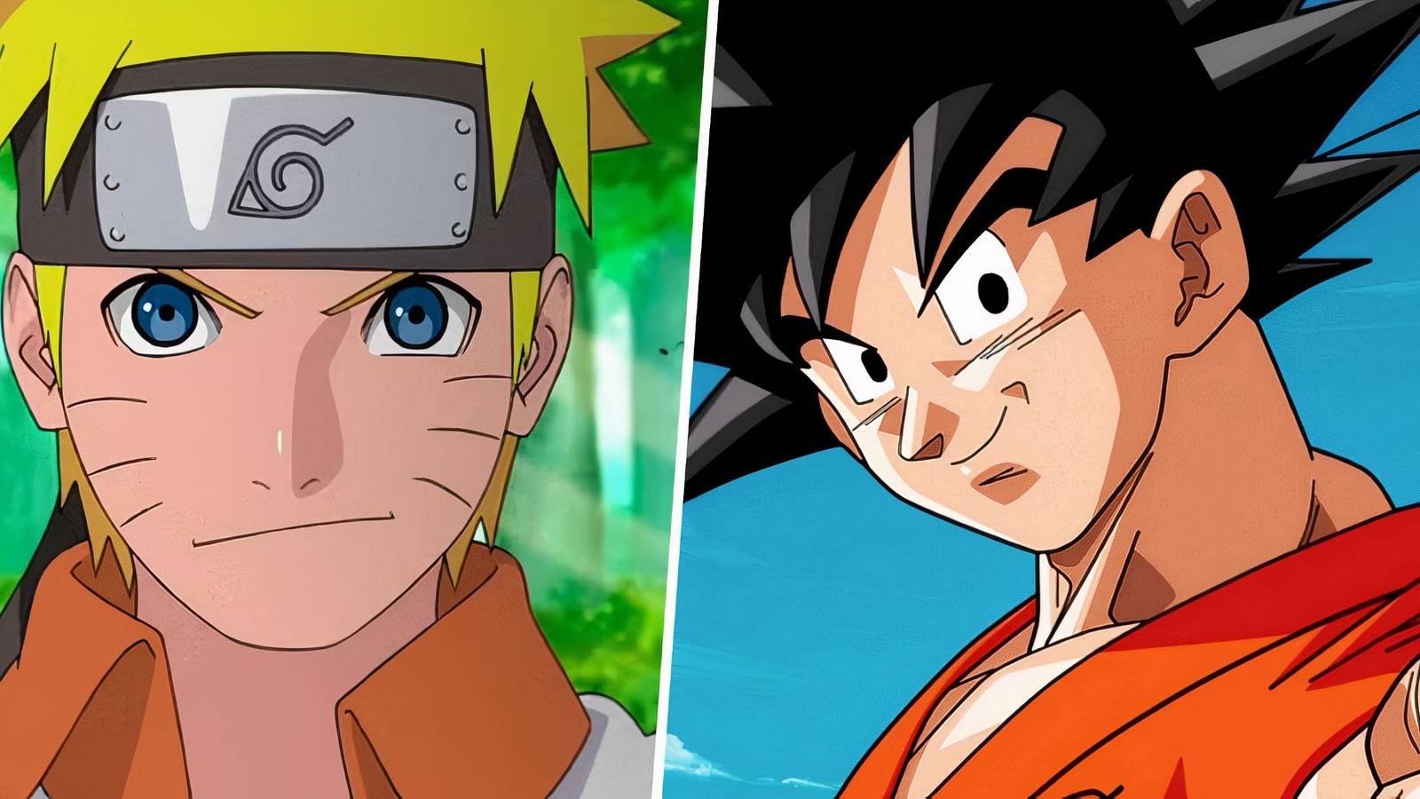 A split image of Naruto Uzumaki from Naruto and Goku from Dragon Ball