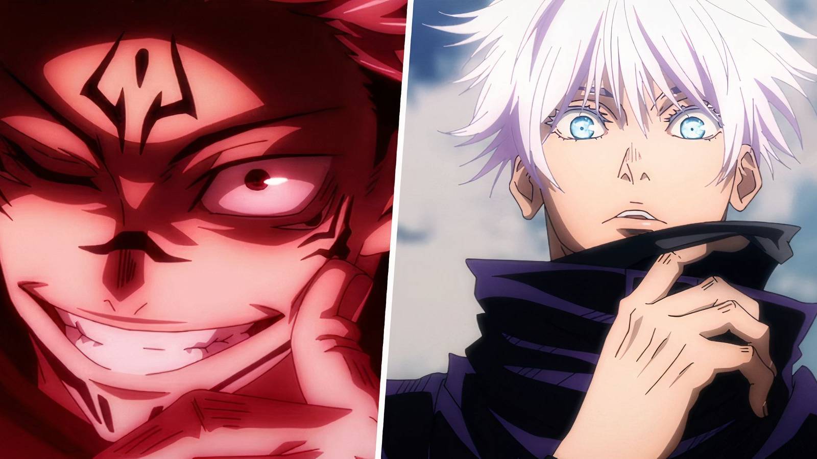 A split image of Sukuna and Gojo from Jujutsu Kaisen