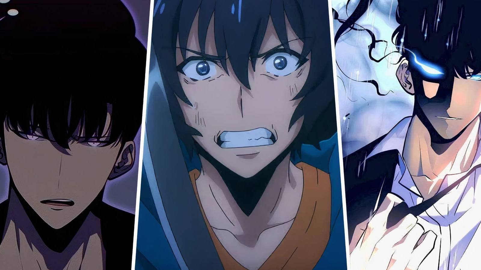 A split image of Sung Jinwoo as an E rank and S Rank Hunter in Solo Leveling (1)