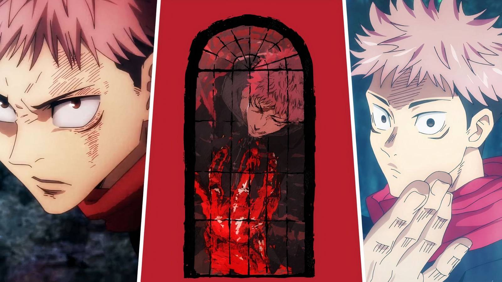 A split image of Yuji from previous seasons and the key visual for Jujutsu Kaisen Seaseon 3 (1)