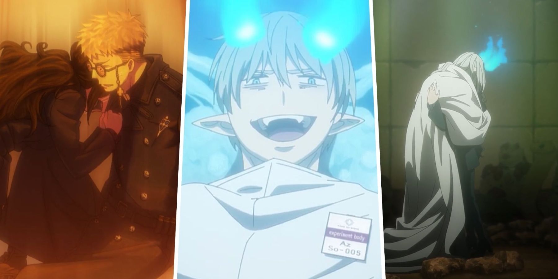 A split image of Yuri with Shiro, Satan and Satan with Yuri in The Blue Exorcist The Blue Night Saga ep 5