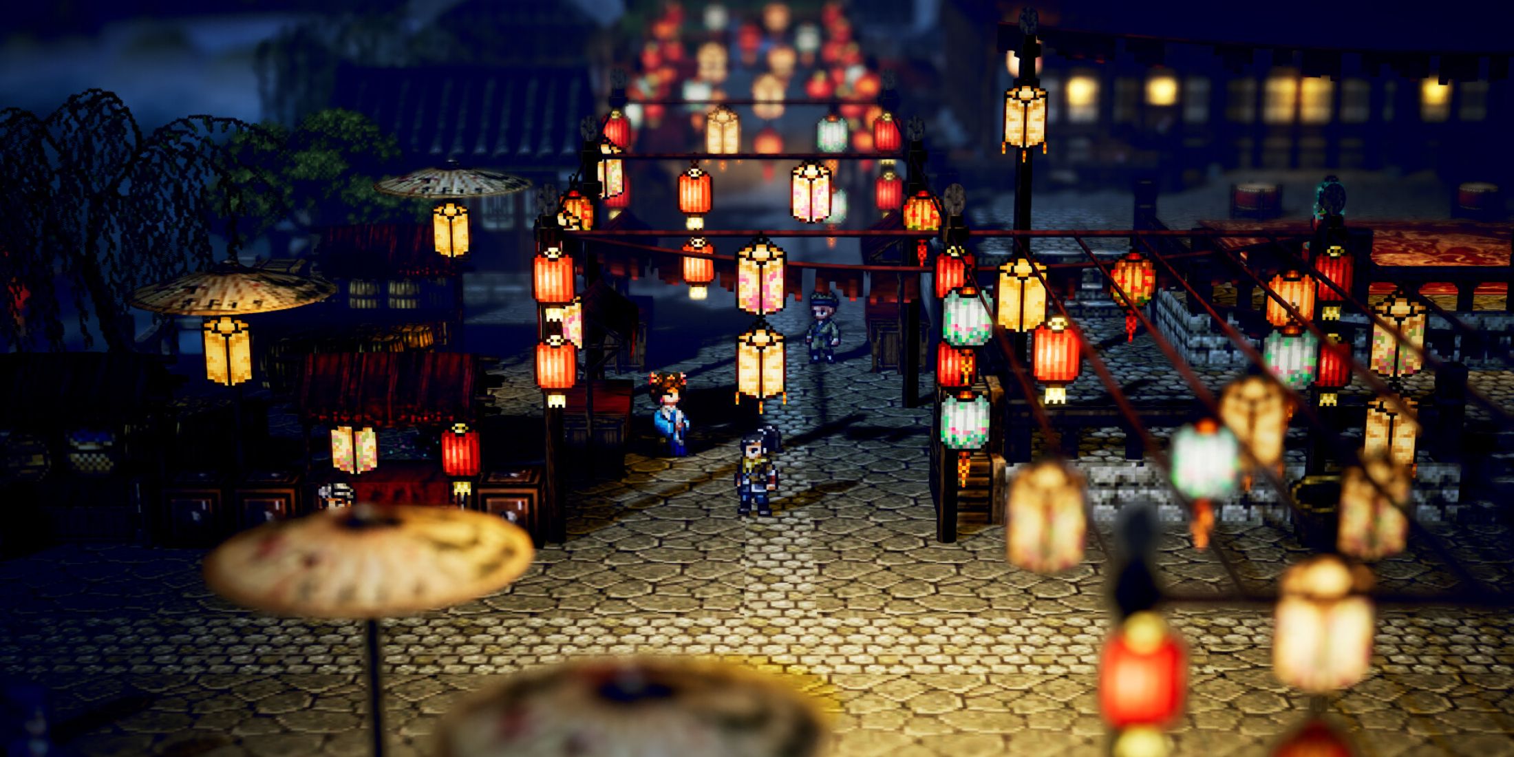 A vibrant night market in Wandering Sword, one of the best HD-2D JRPGs ever made, illuminated by colorful lanterns