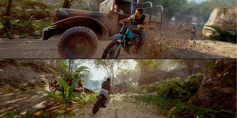 Motor bike chase scene split screen in A Way Out