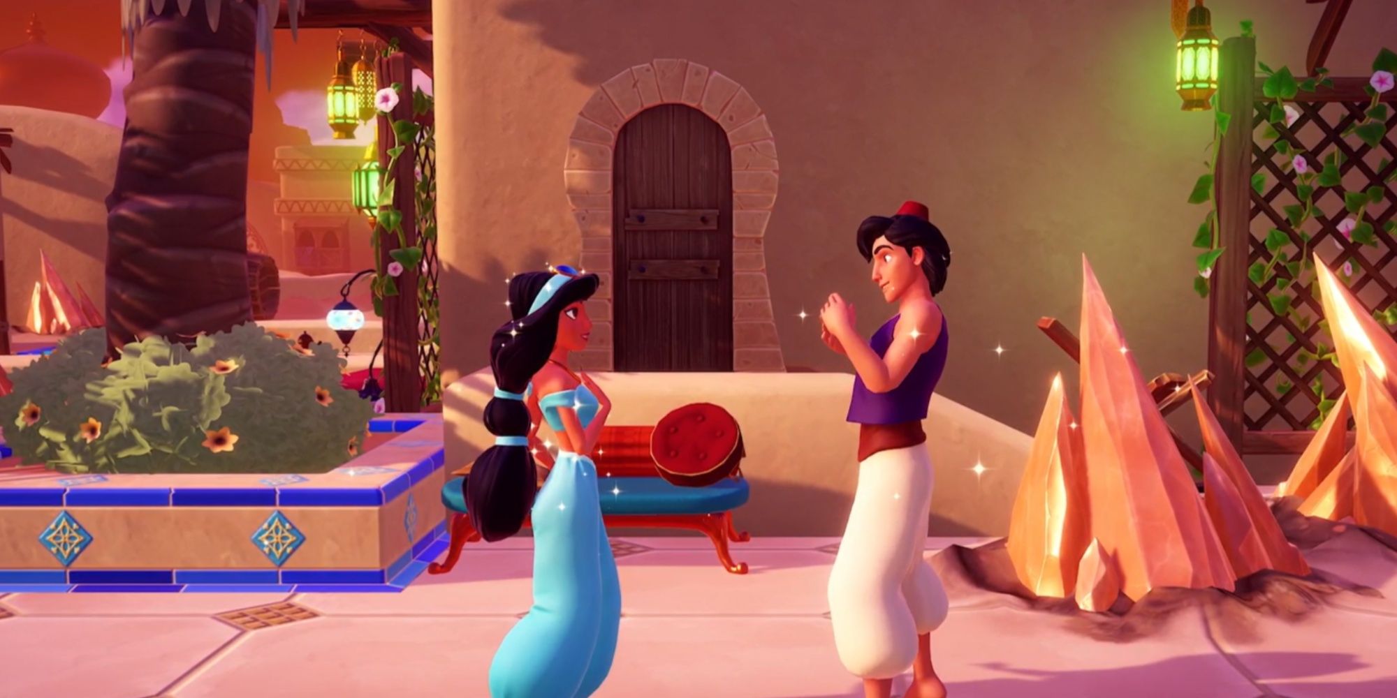 Aladdin and Jasmine in Aladdin Realm in Disney Dreamlight Valley