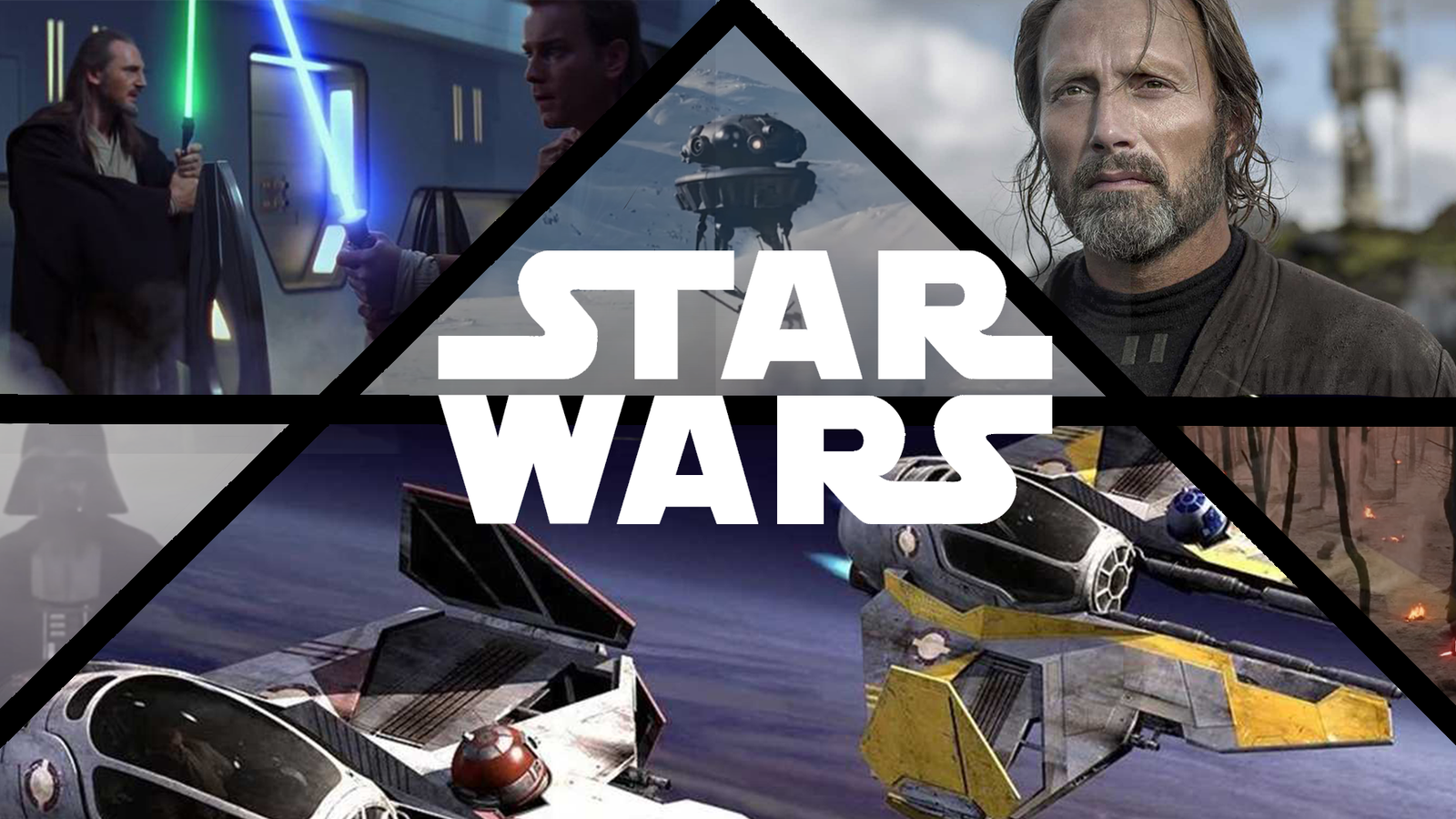 various pictures from various Star Wars movies' opening scenes