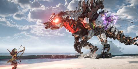 Aloy fighting a robotic boss.