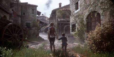 Amica hand in hand with her brother in a Plague Tale Innocence