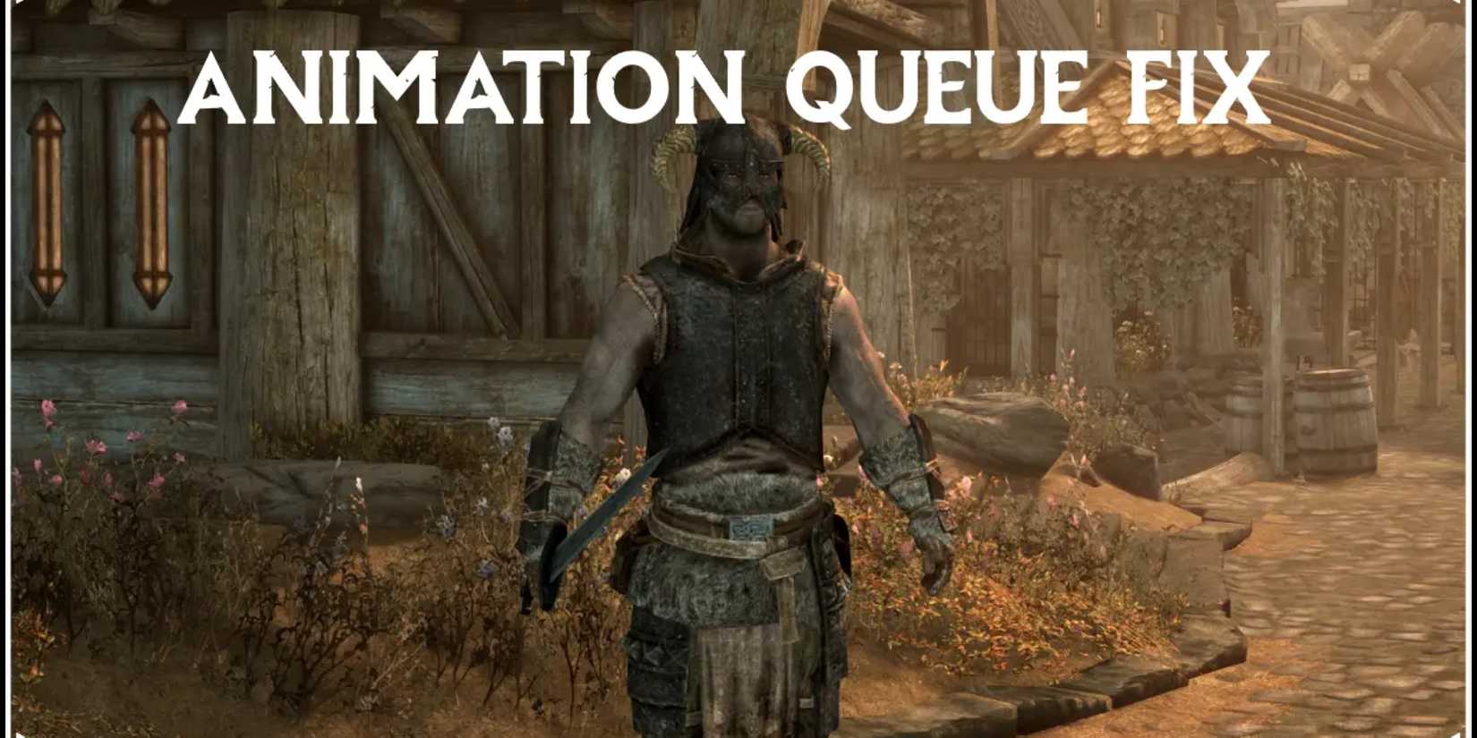 Character posed in Whiterun city below title