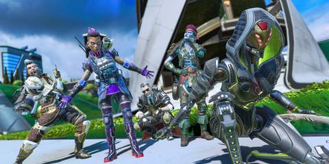 Apex Legends characters in front of Grow Towers in Olympus 