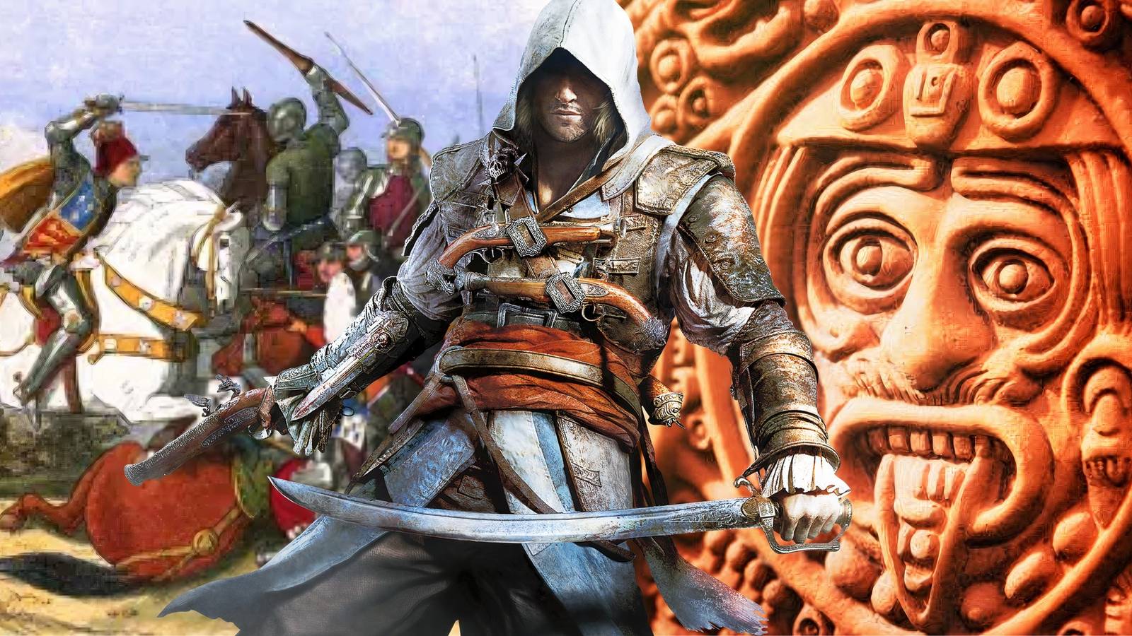 Edward Kenway from Assassin's Creed Black Flag surrounded by War of The Rose and Aztec Imagery