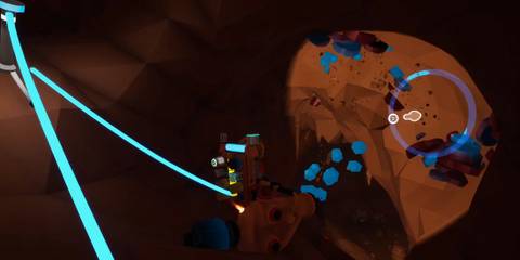 The player mining for resources in Astroneer