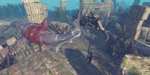 Attacking a shark underwater in Assassin's Creed Odyssey