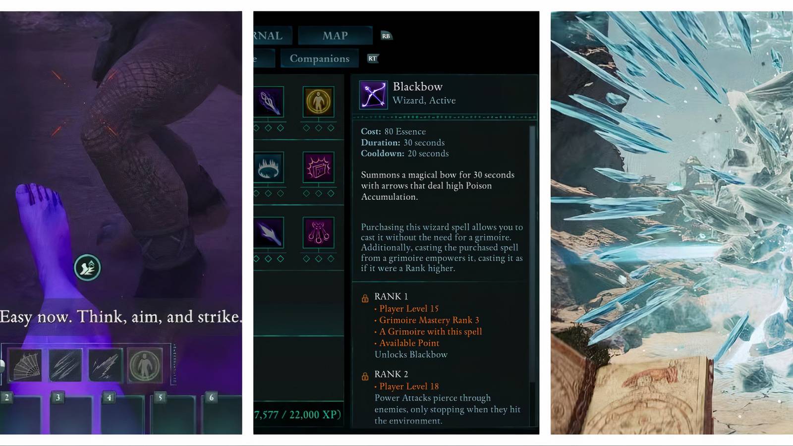 Avowed split image of Shadowing Beyond skill, Black Bow, and Freezing Pillar 