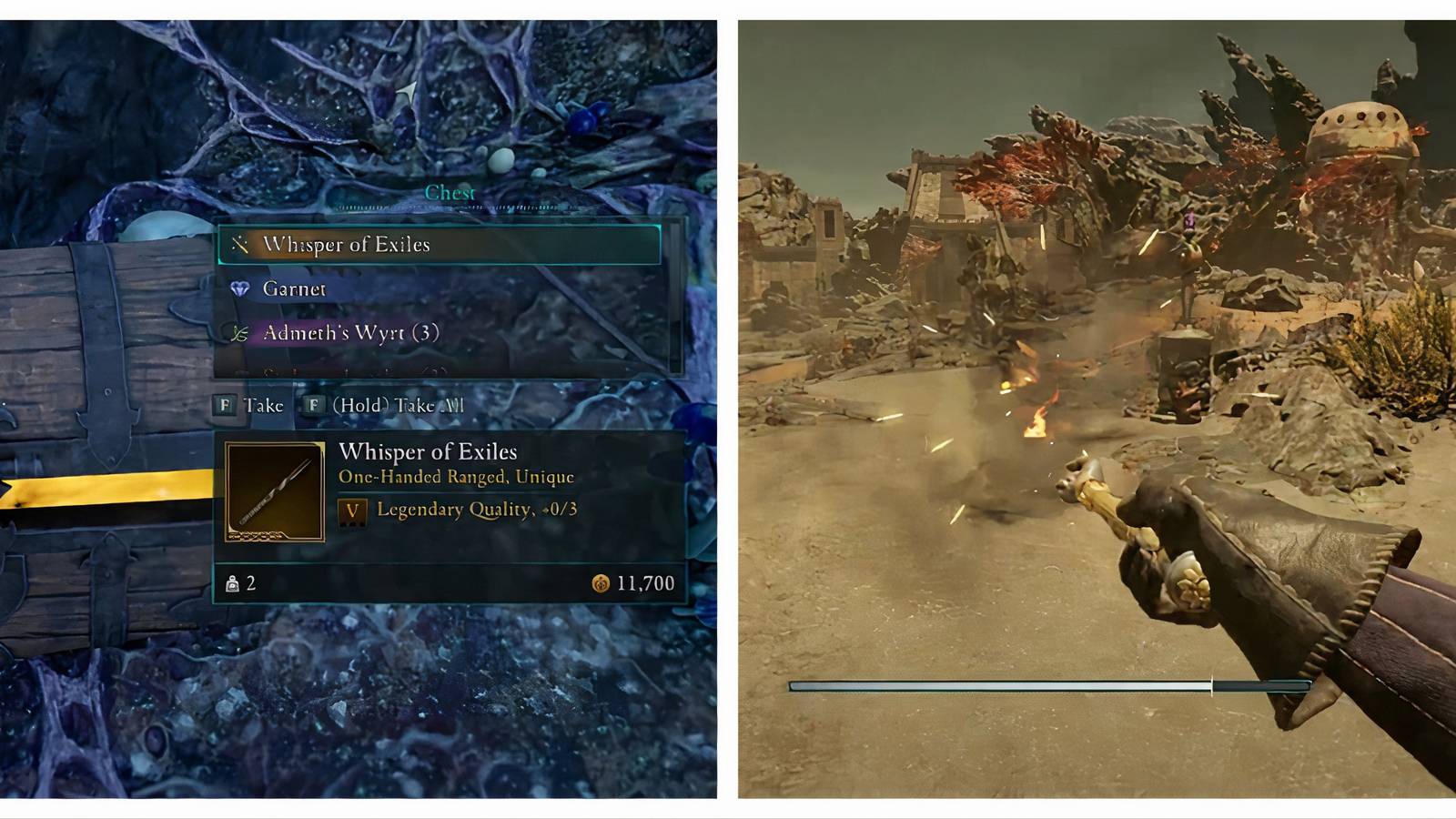 Avowed split image of Whisper of exiles in chest and player shooting fire wand