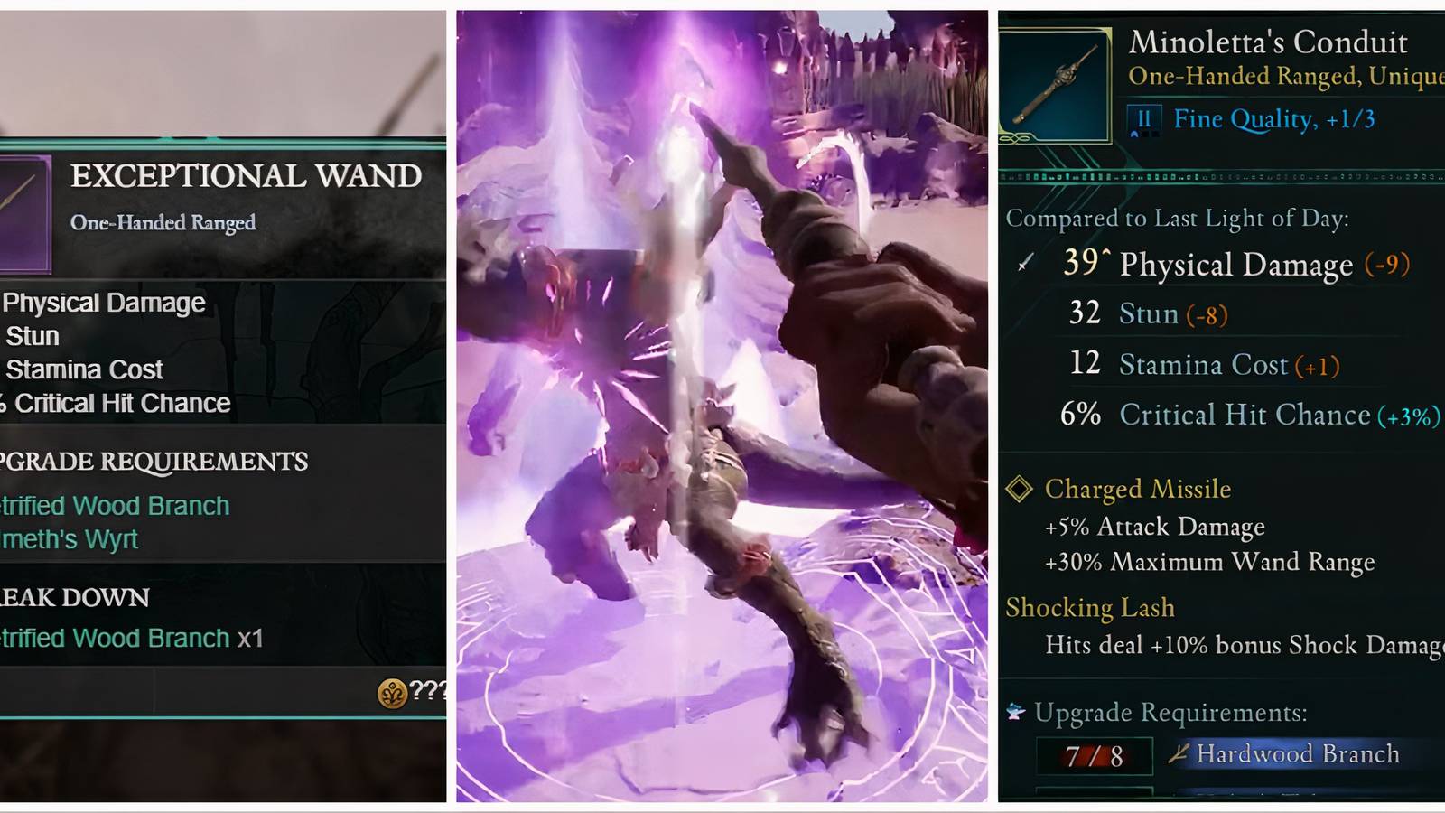 Avowed Early Game Wands split image of Exceptional and Minoletta's Conduit Wands with casting 