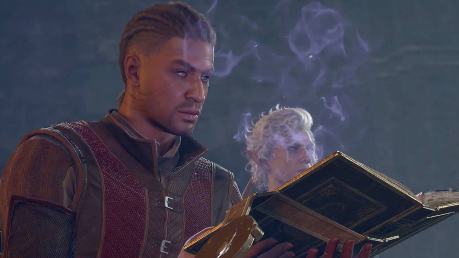 Wyll reading the Book of Dead Gods from Baldur's Gate 3