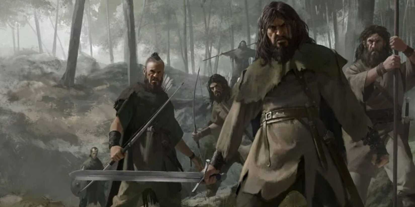 Six armed bandits facing towards screen in dense forest