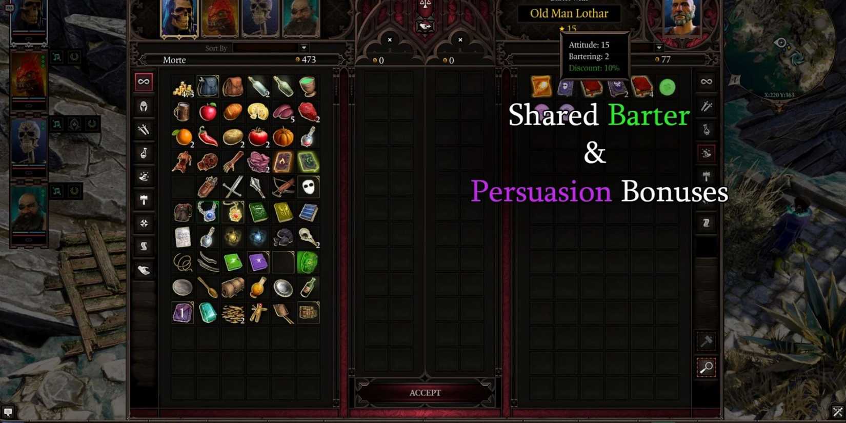 Player trading with Old Man Lothar with info about the mod at top of screen