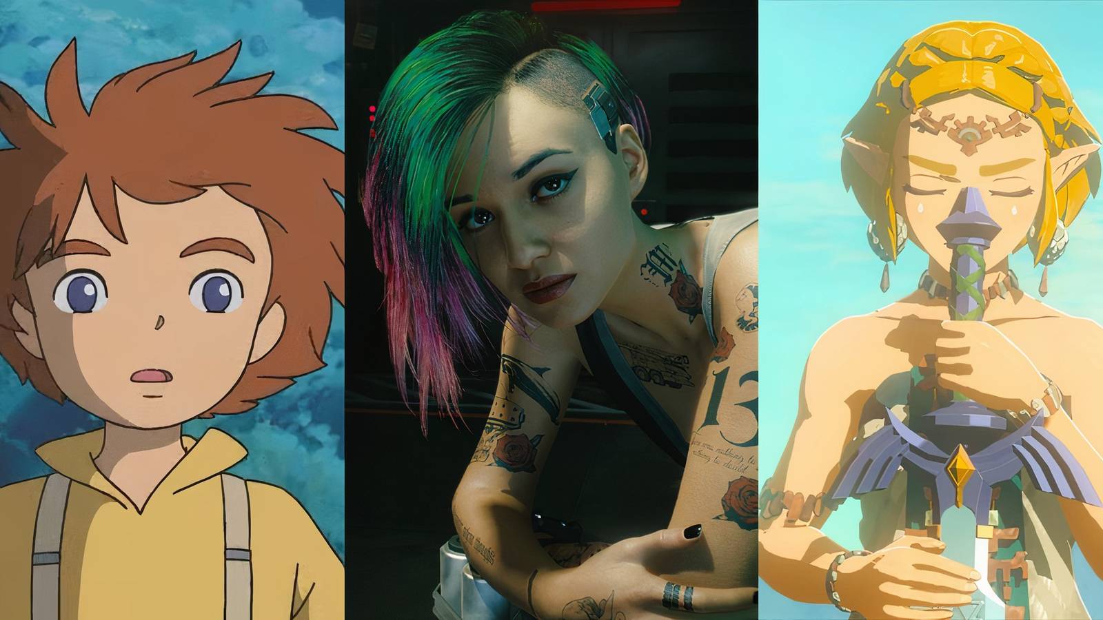 Feature image depicting Ni No Kuni, Cyberpunk 2077, and Tears of the Kingdom