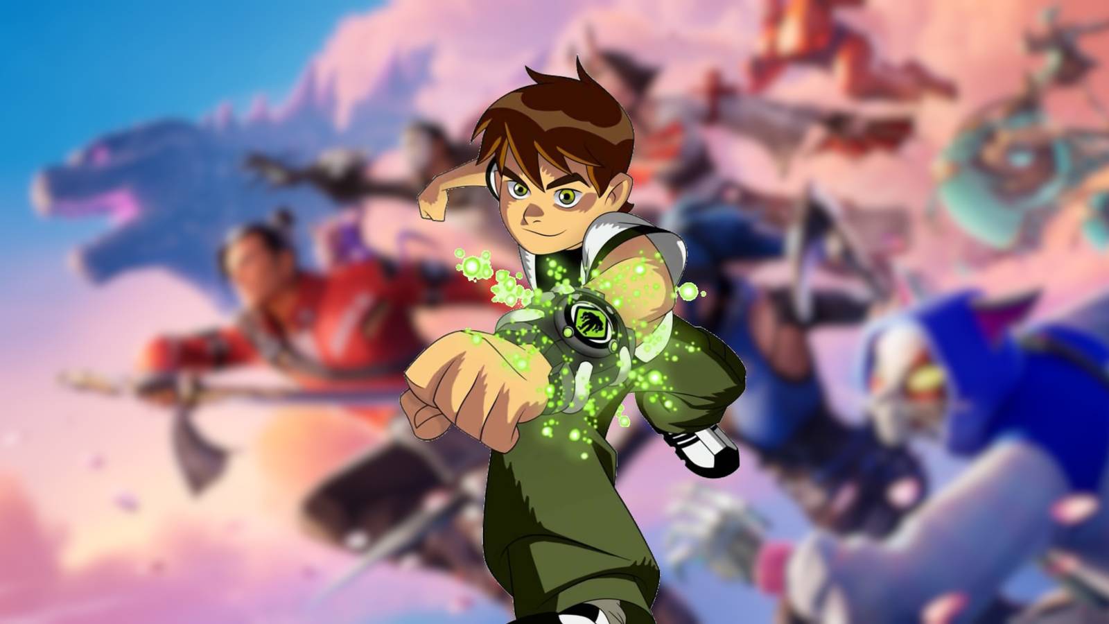 A promotional image of Ben 10 overlayed on top of a blurred Fortnite key visual.