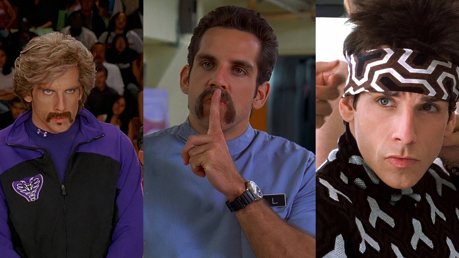 Ben Stiller as White Goodman from Dodgeball, Hal from Happy Gilmore, and Derek Zoolander from Zoolander