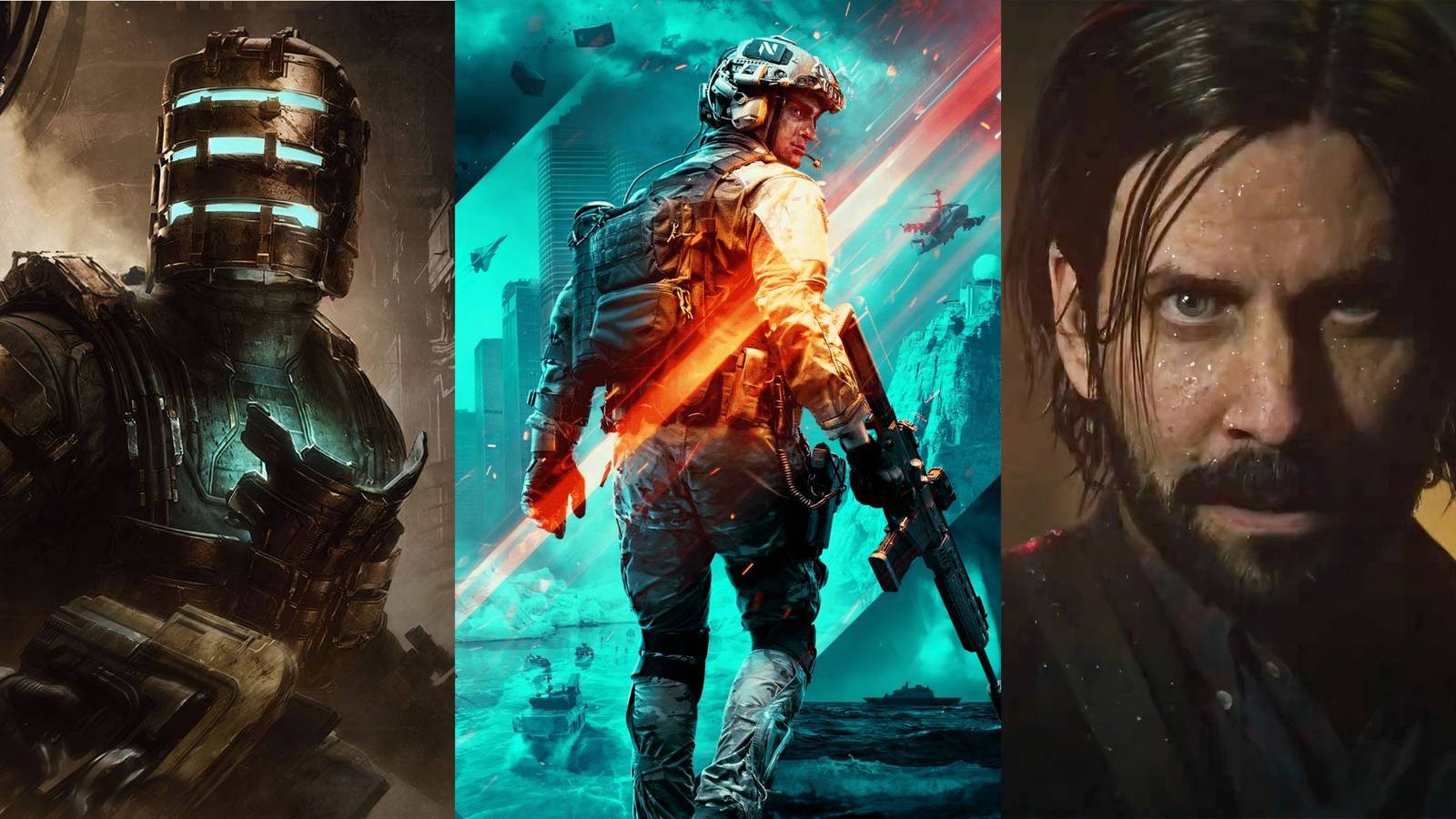 Images depicting Dead Space remake, Battlefield 2042, and Alan Wake 2