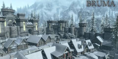 City of Bruma showing city walls and houses Skyrim