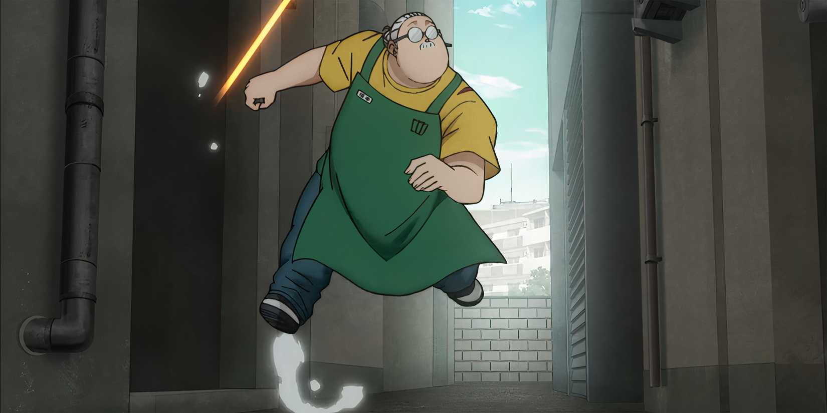 Taro dodges a barrage of bullets while inside an alleyway in Sakamoto Days.