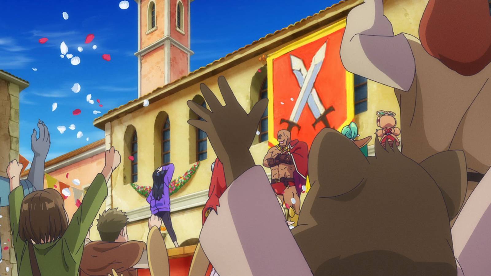 A crowd of people cheer for Natsuko and the Nine Warriors in Zenshu.