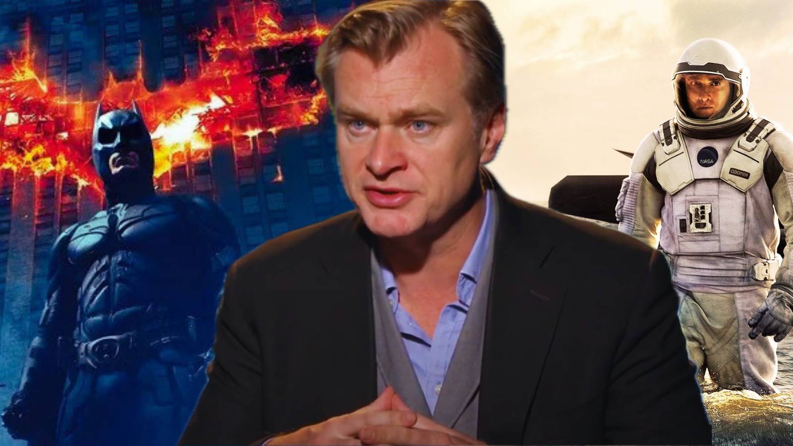 Christopher Nolan in front of The Dark Knight and Interstellar Posters