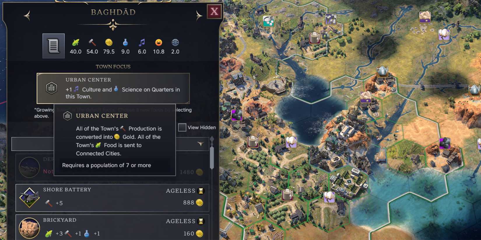 Civ 7 Town Focus Urban Center for Quarters