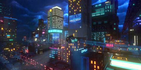 Cloudpunk a HOVA flying through Nivalis