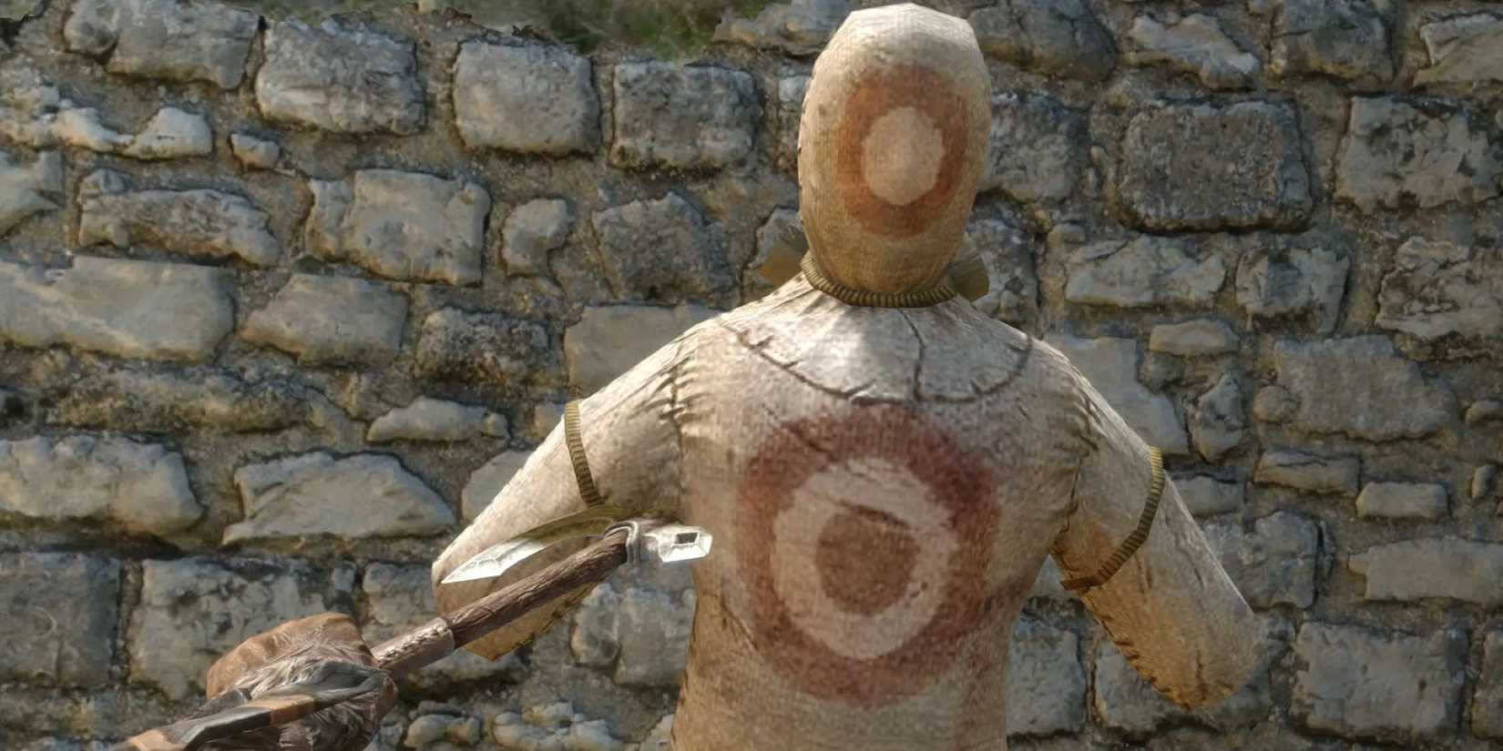 Player striking test dummy with hand axe