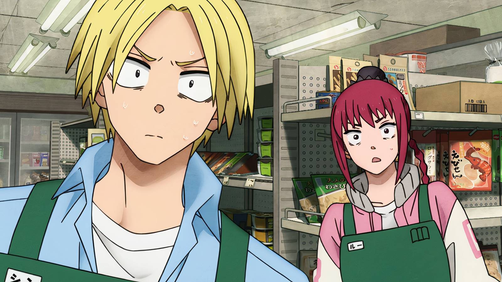 Shin and Lu look at someone in confusion during a shift at the convenience store in Sakamoto Days.