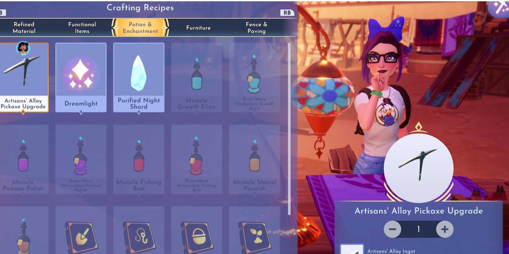 Crafting the Artisan's Alloy Pickaxe upgrade in Disney Dreamlight Valley