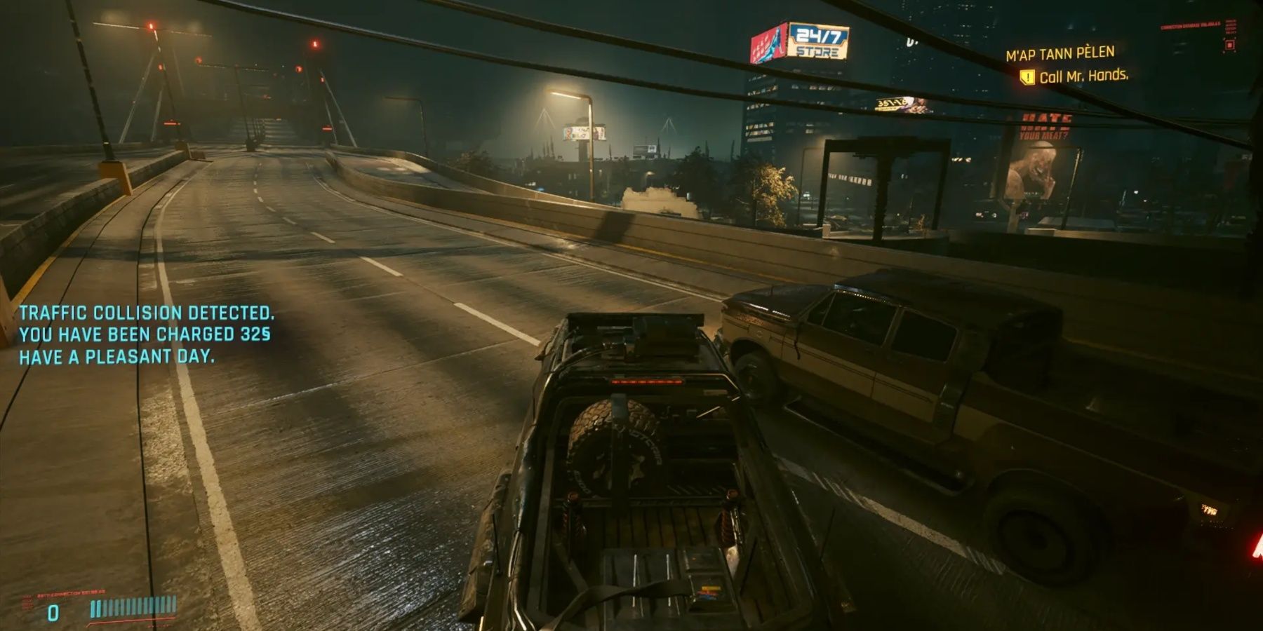 Cyberpunk 2077 car driving on a highway