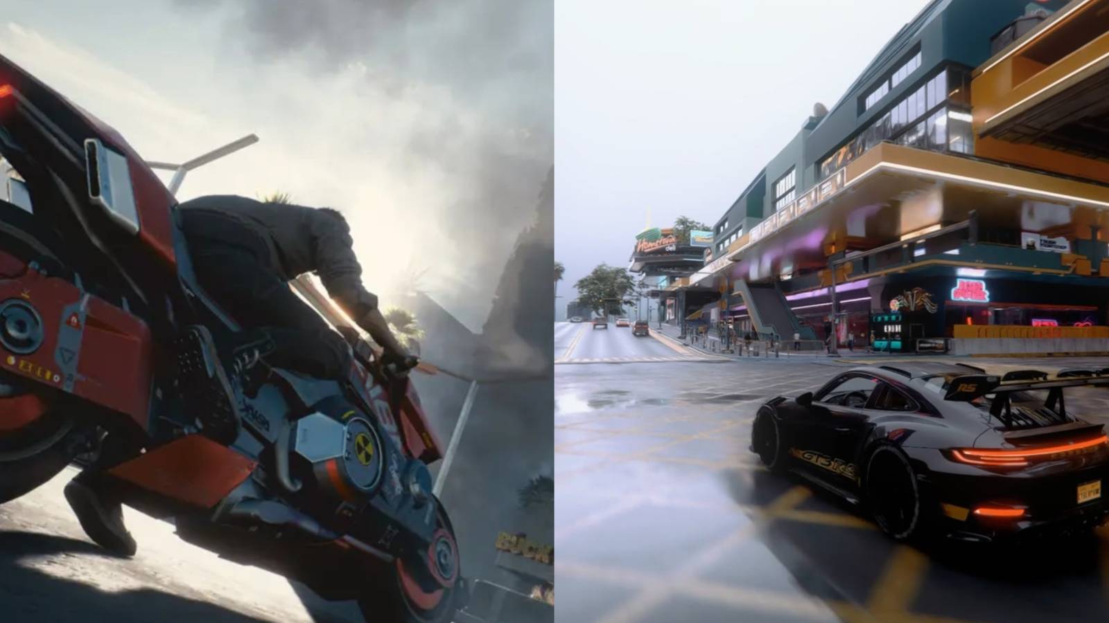 Cyberpunk 2077 collage of a bike and a car in a city