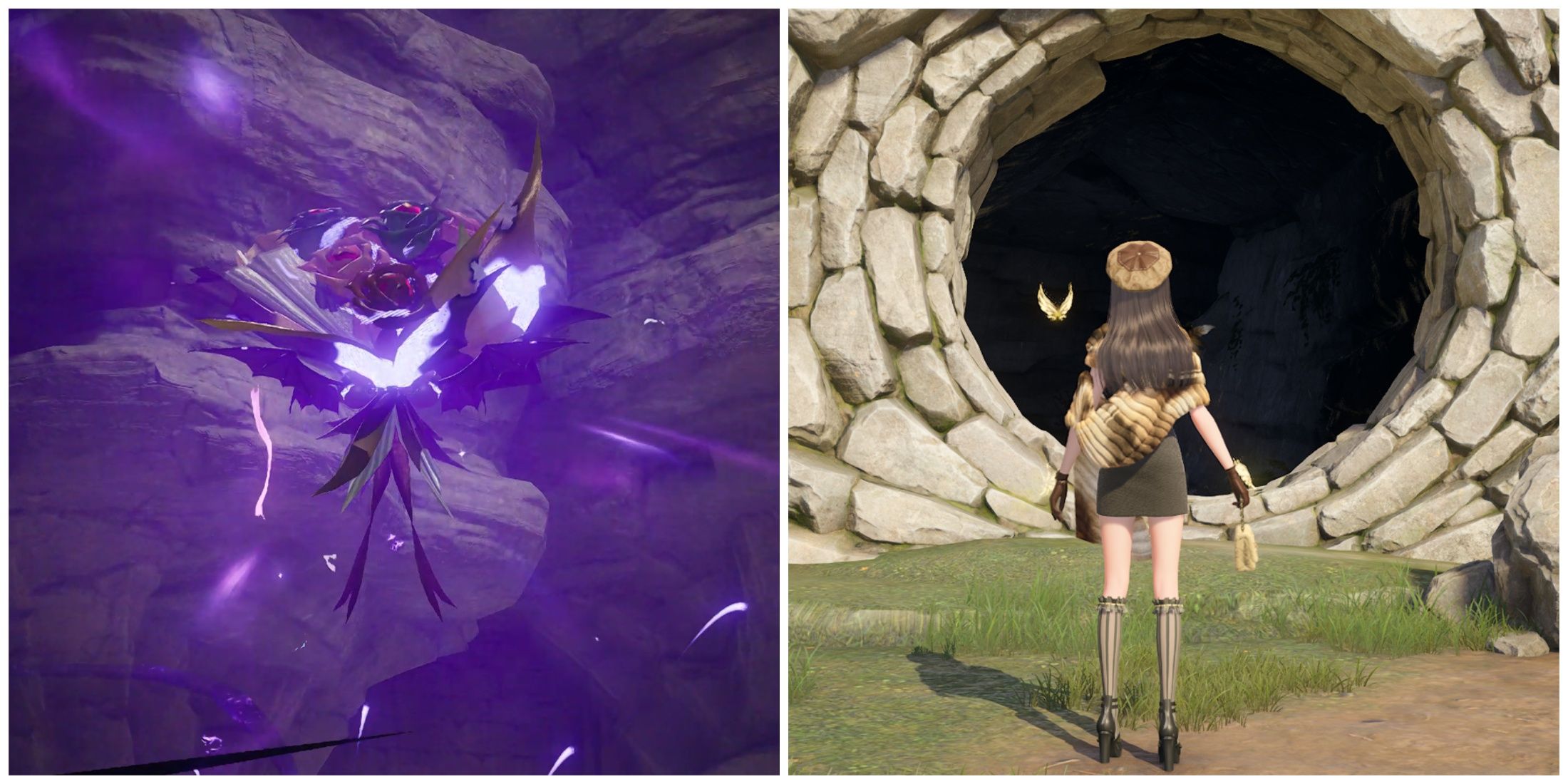 Split image of the Dark Bouquet boss and Nikki in front of Gloomy Cave in Infinity Nikkiin