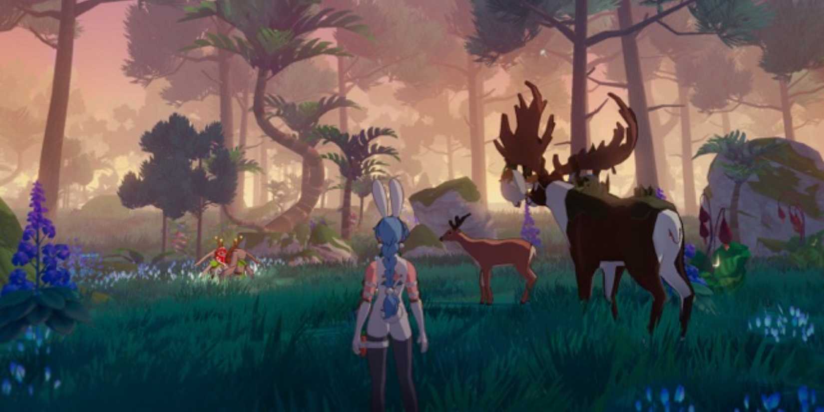 A female avatar looking at moose in a forest in Dawnlands