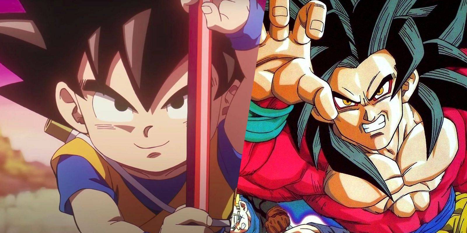 picture: collage with goku in dragon ball daima and goku as super saiyan 4 in dbgt.