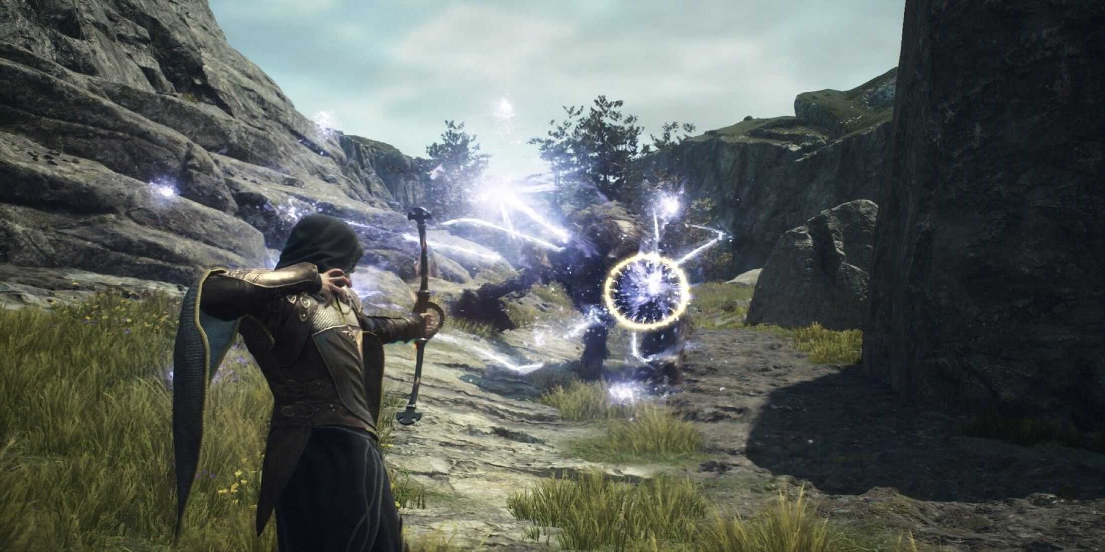 Dragon's Dogma 2 Figure firing lightning infused arrow at large enemy