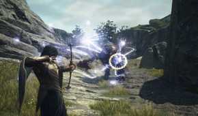 Dragon's Dogma 2 Figure firing lightning infused arrow at large enemy