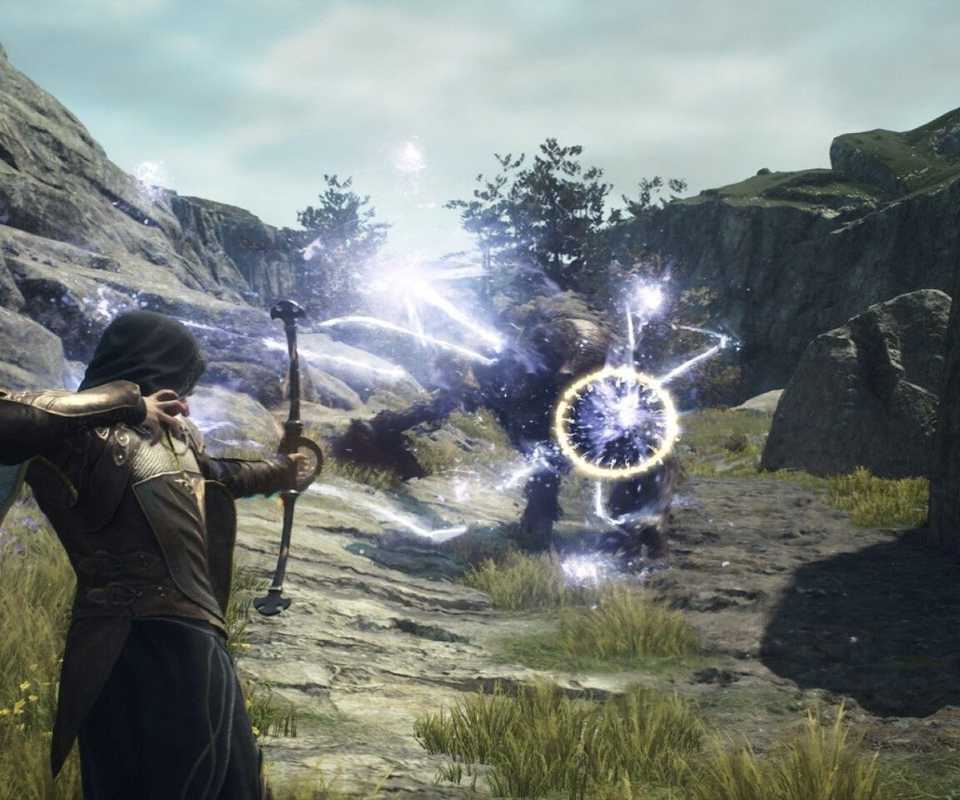 Dragon's Dogma 2 Figure firing lightning infused arrow at large enemy