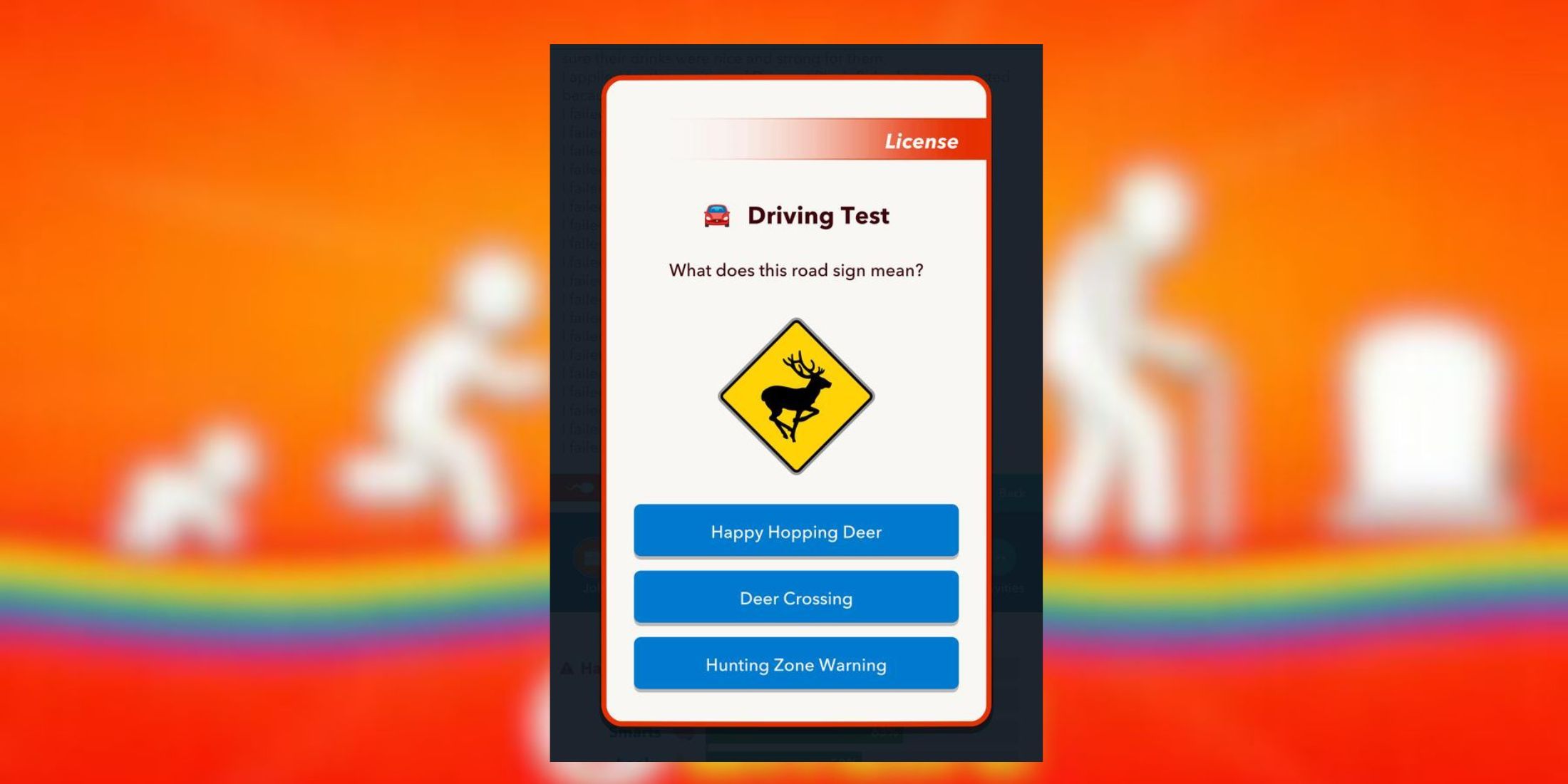 deer crossing sign in driving test bitlife