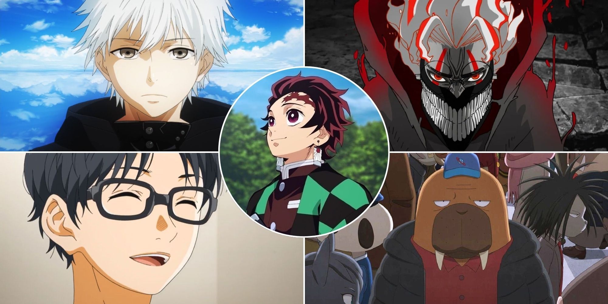 A collage of five characters who are voiced by Natsuki Hanae: Ken Kaneki, Okarun, Kosei Arima, Hiroshi Odokawa and Tanjiro Kamado.